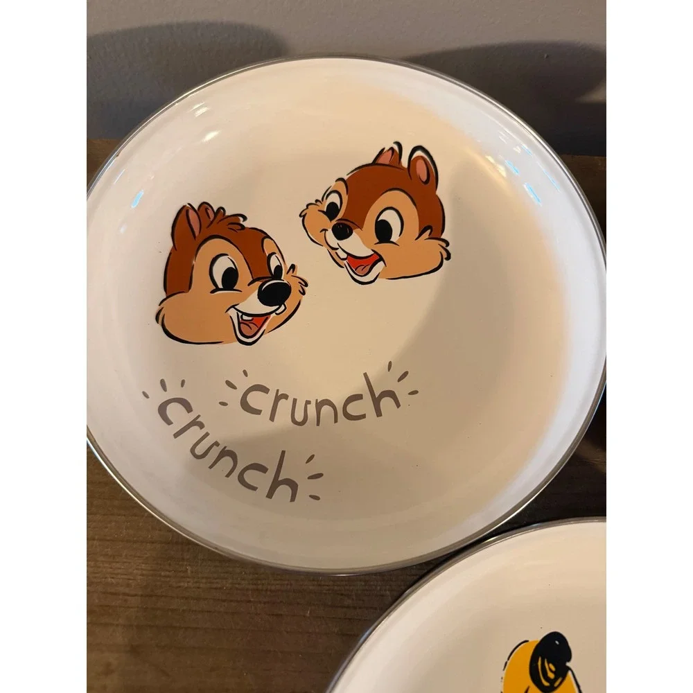 Disney Parks Enamel Plate Set Pluto Chip n Dale Meeko Lucifer Speckleware‎ 4pc